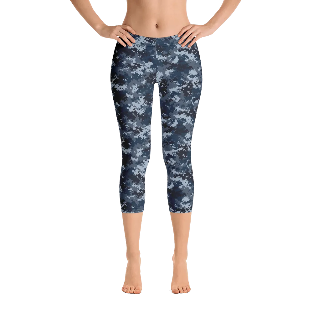 Blue Camo Pixel Capri Leggings