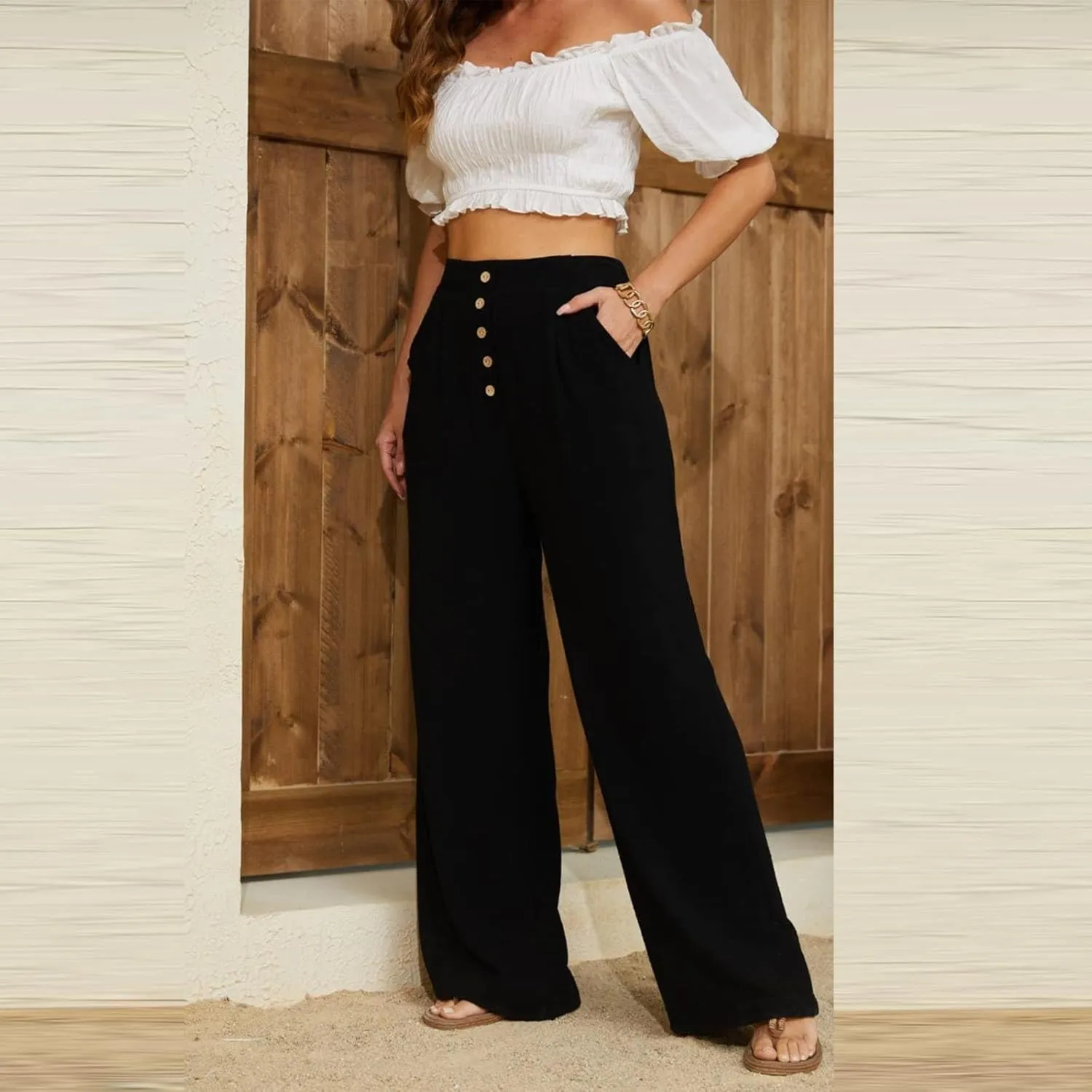 Boho Clothes for Women Buckle Pants with Elegant Pockets and Casual Wide Leg Fashion Plus Size Linen Pants for Women