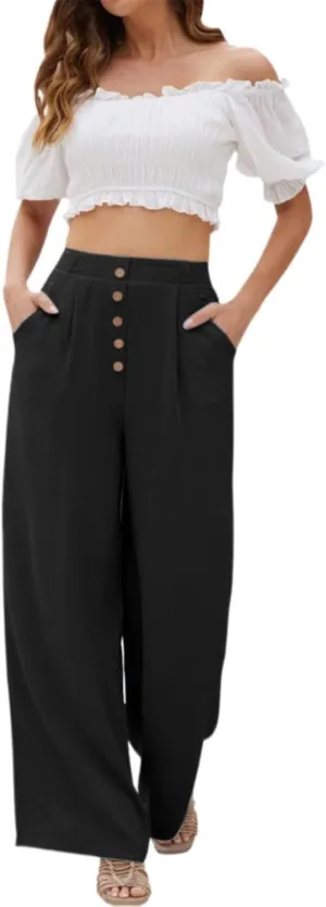 Boho Clothes for Women Buckle Pants with Elegant Pockets and Casual Wide Leg Fashion Plus Size Linen Pants for Women
