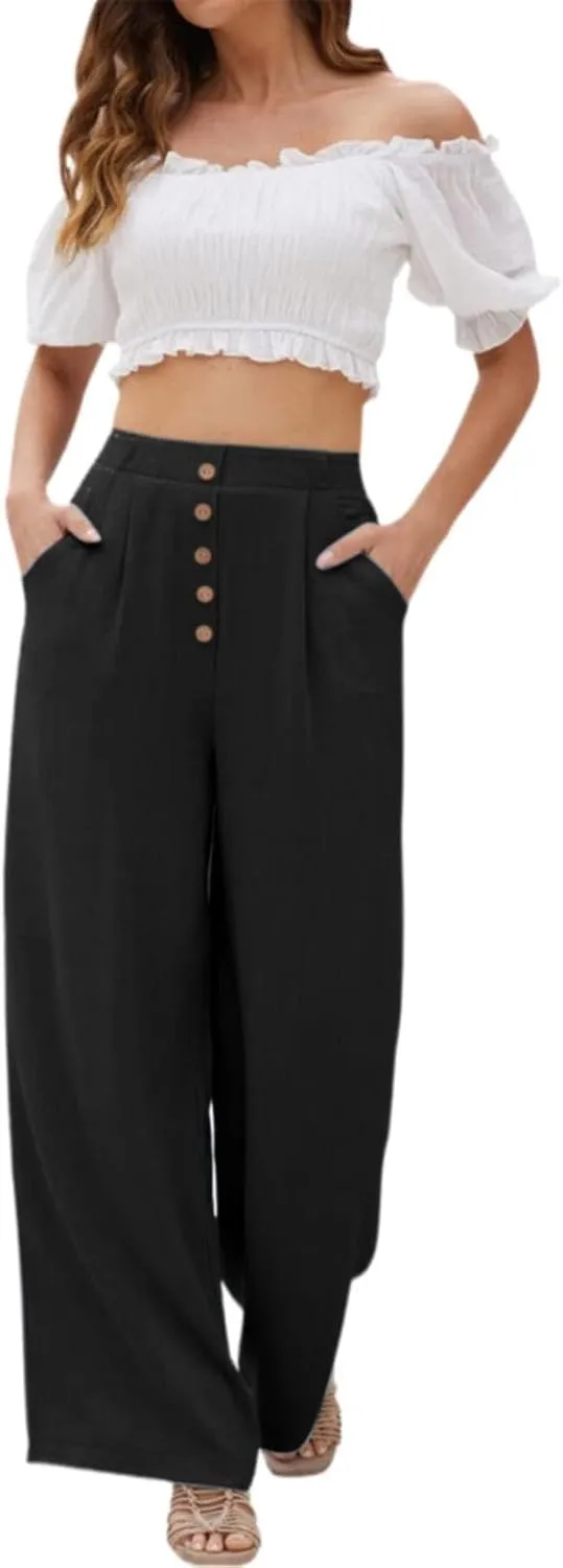 Boho Clothes for Women Buckle Pants with Elegant Pockets and Casual Wide Leg Fashion Plus Size Linen Pants for Women