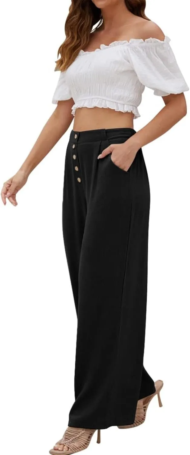 Boho Clothes for Women Buckle Pants with Elegant Pockets and Casual Wide Leg Fashion Plus Size Linen Pants for Women