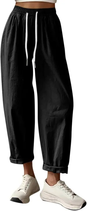 Capri Linen Pants for Women Cropped Elastic Waist Pants Cotton Ankle Lounge Pants Summer Casual Pants with Pockets