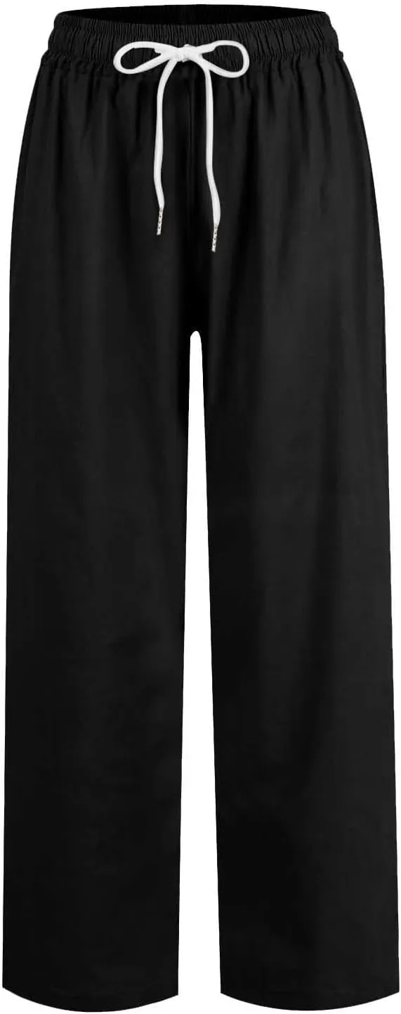 Capri Linen Pants for Women Cropped Elastic Waist Pants Cotton Ankle Lounge Pants Summer Casual Pants with Pockets