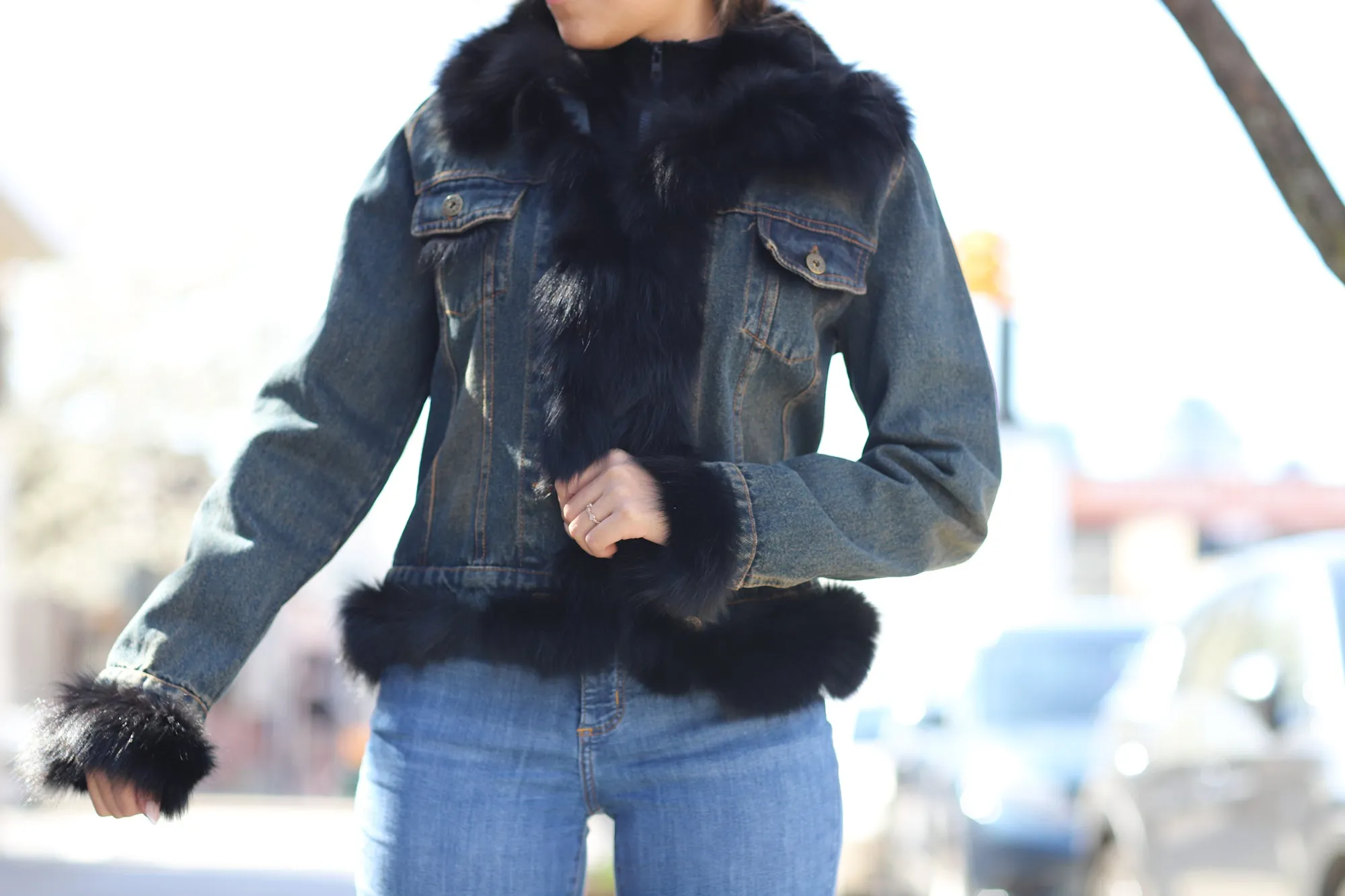 Denim Jacket with Fox Fur Trim - Natural/Black