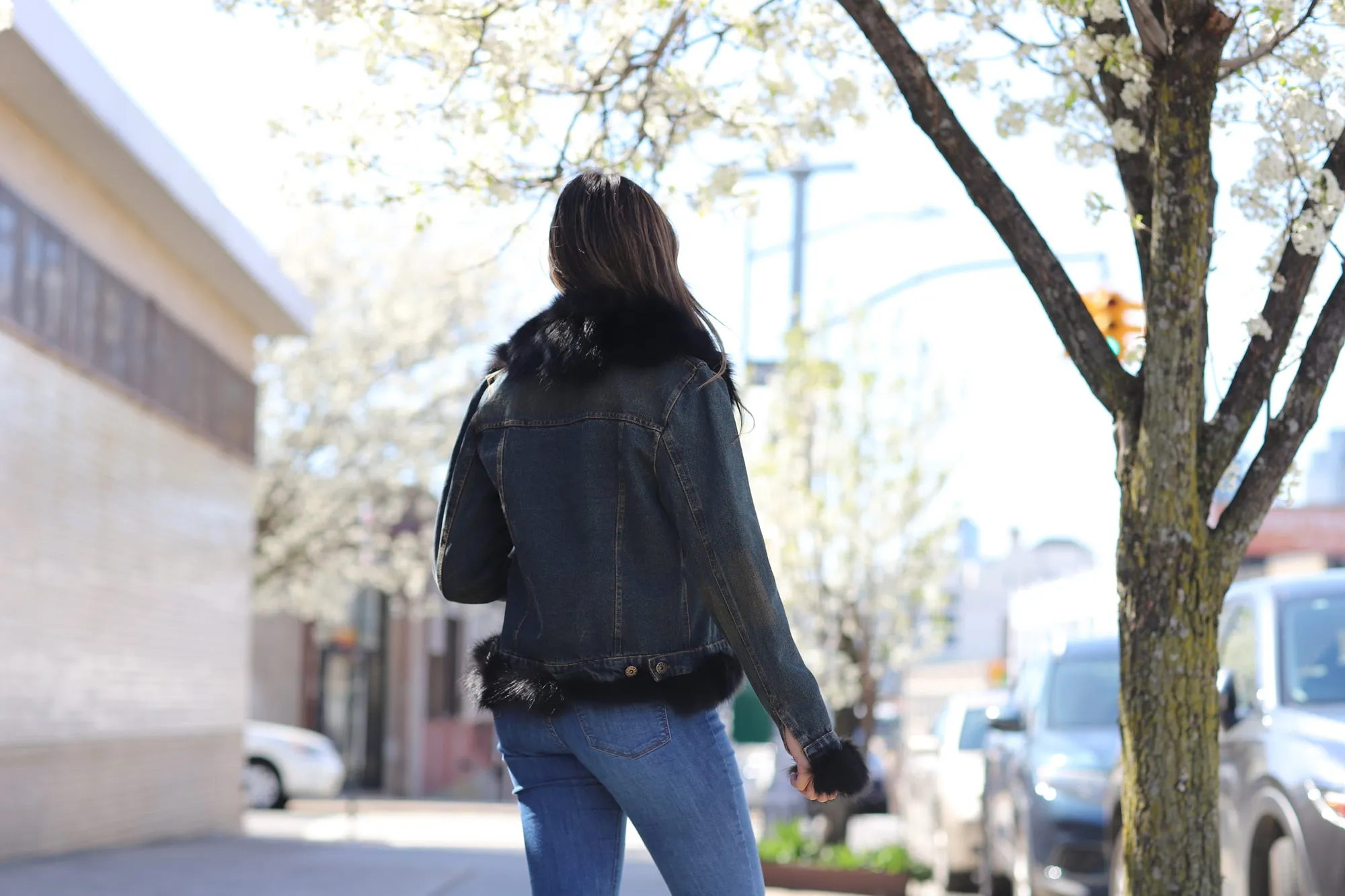 Denim Jacket with Fox Fur Trim - Natural/Black
