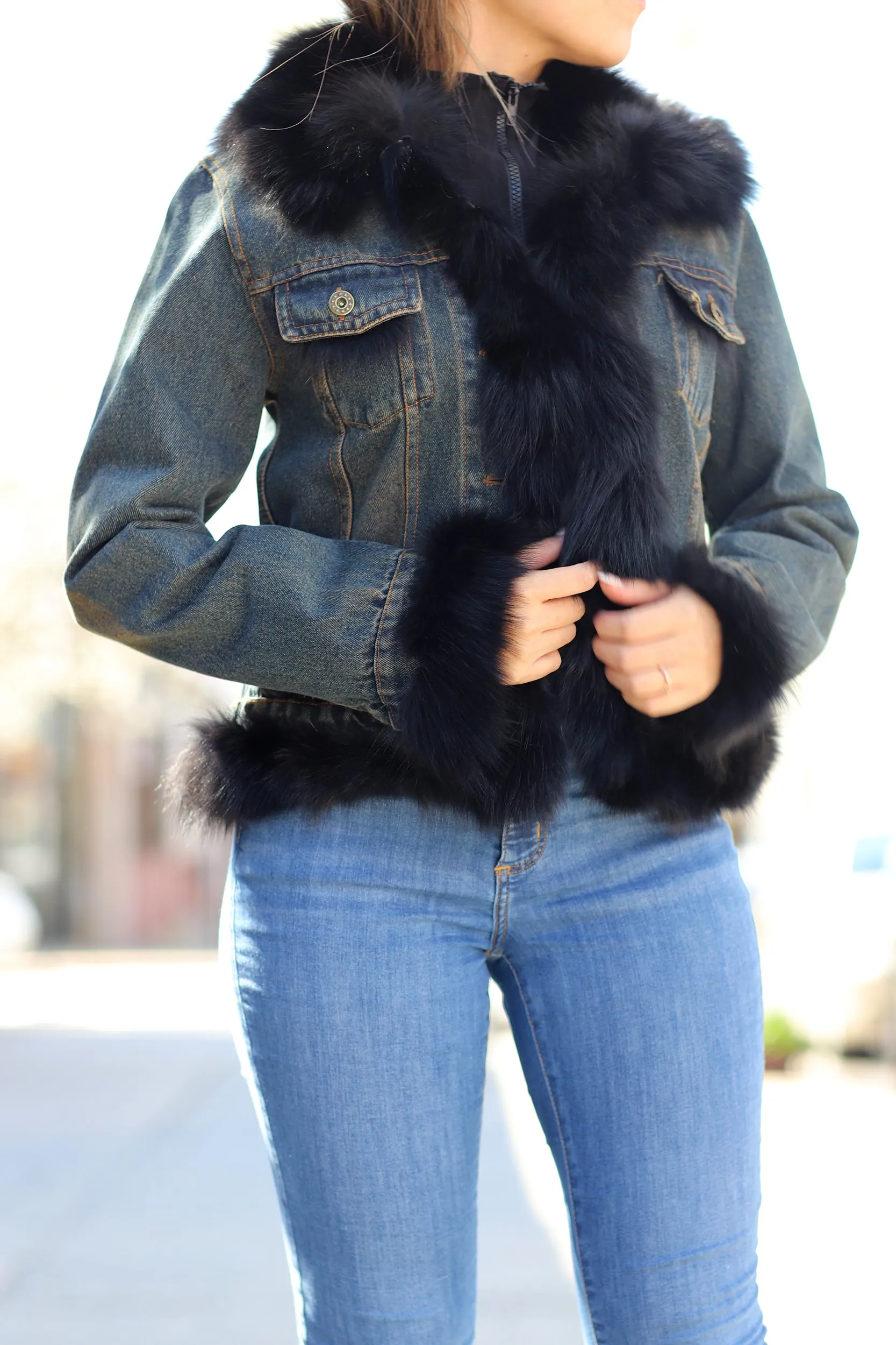 Denim Jacket with Fox Fur Trim - Natural/Black