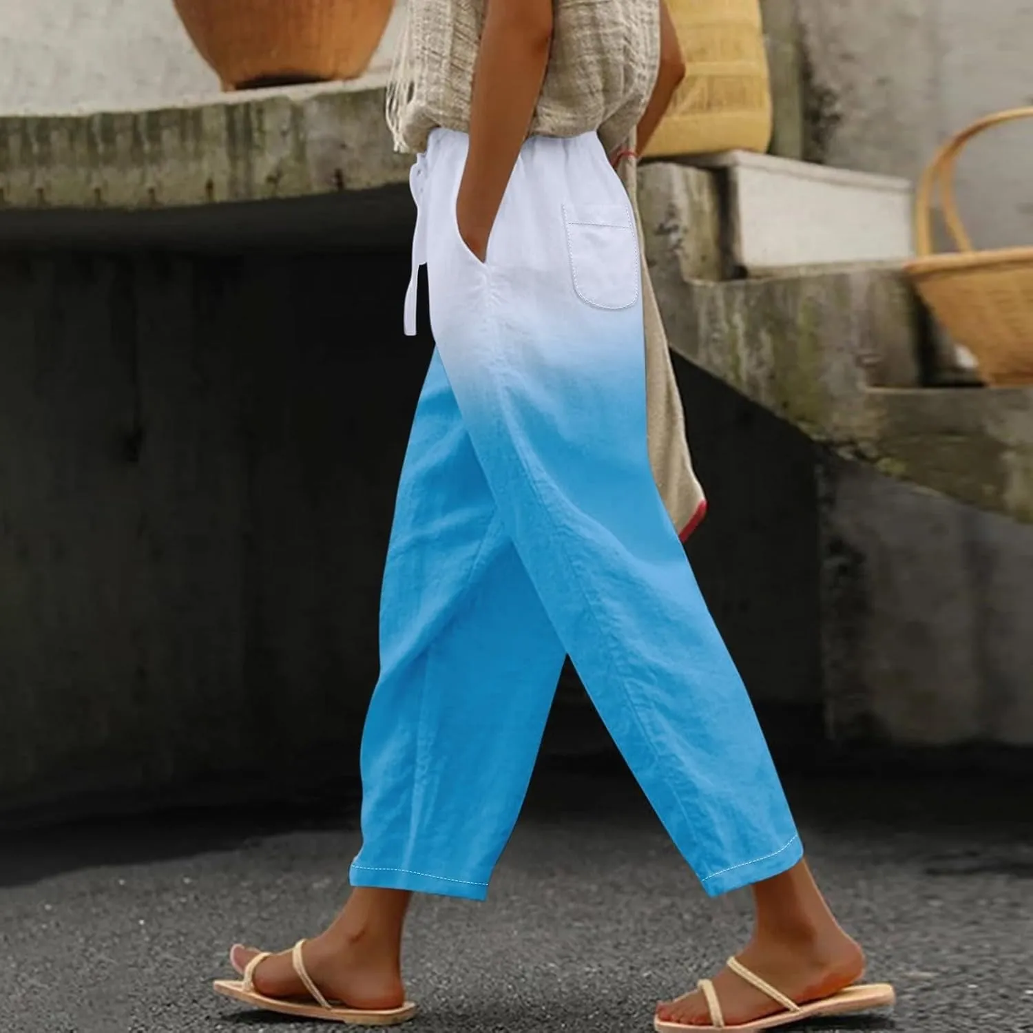 Flowy Linen Pants for Women Drawstring Pants Capri Pants 2025 Pants with Pockets Wide Leg Cropped Pants Wide Leg
