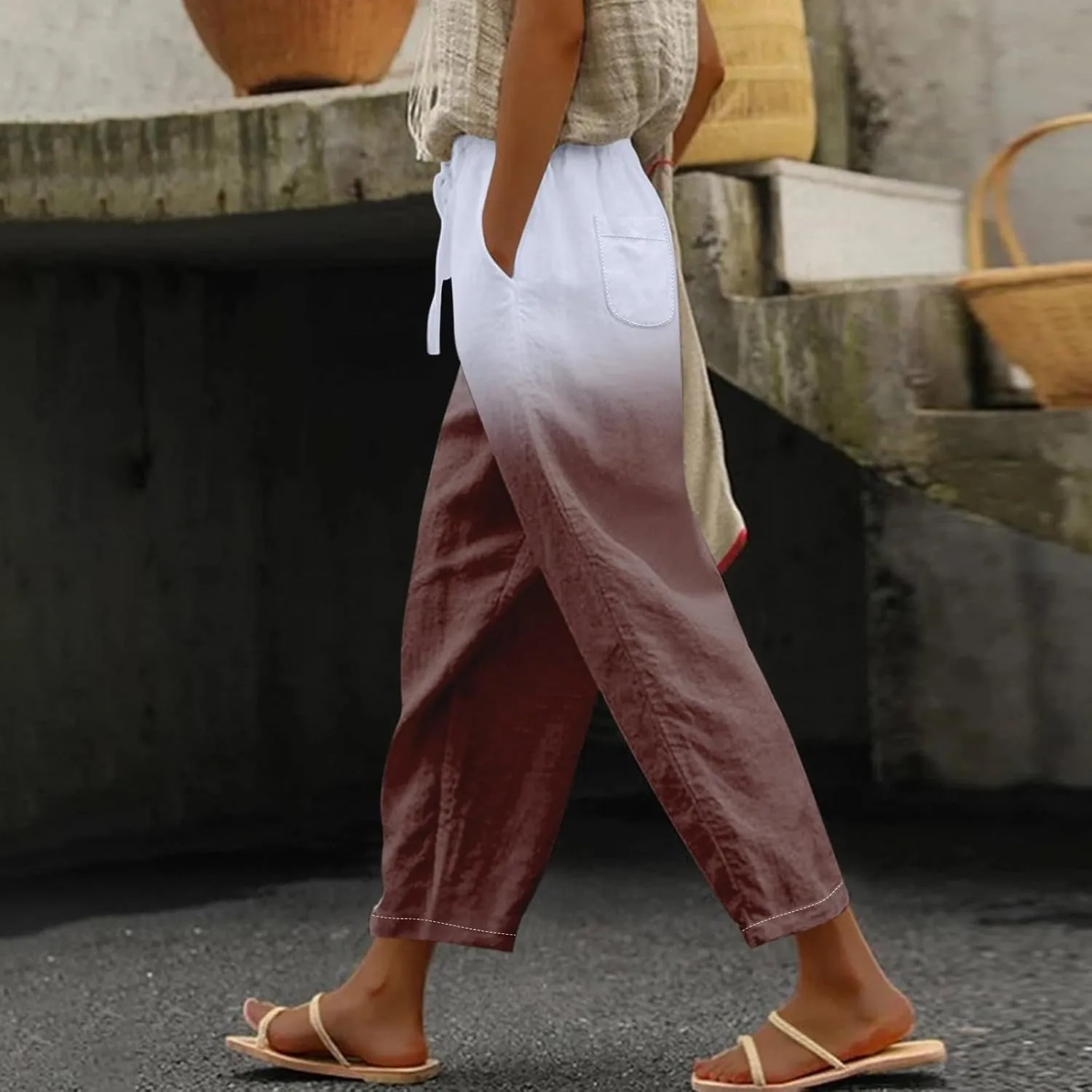 Flowy Linen Pants for Women Drawstring Pants Capri Pants 2025 Pants with Pockets Wide Leg Cropped Pants Wide Leg
