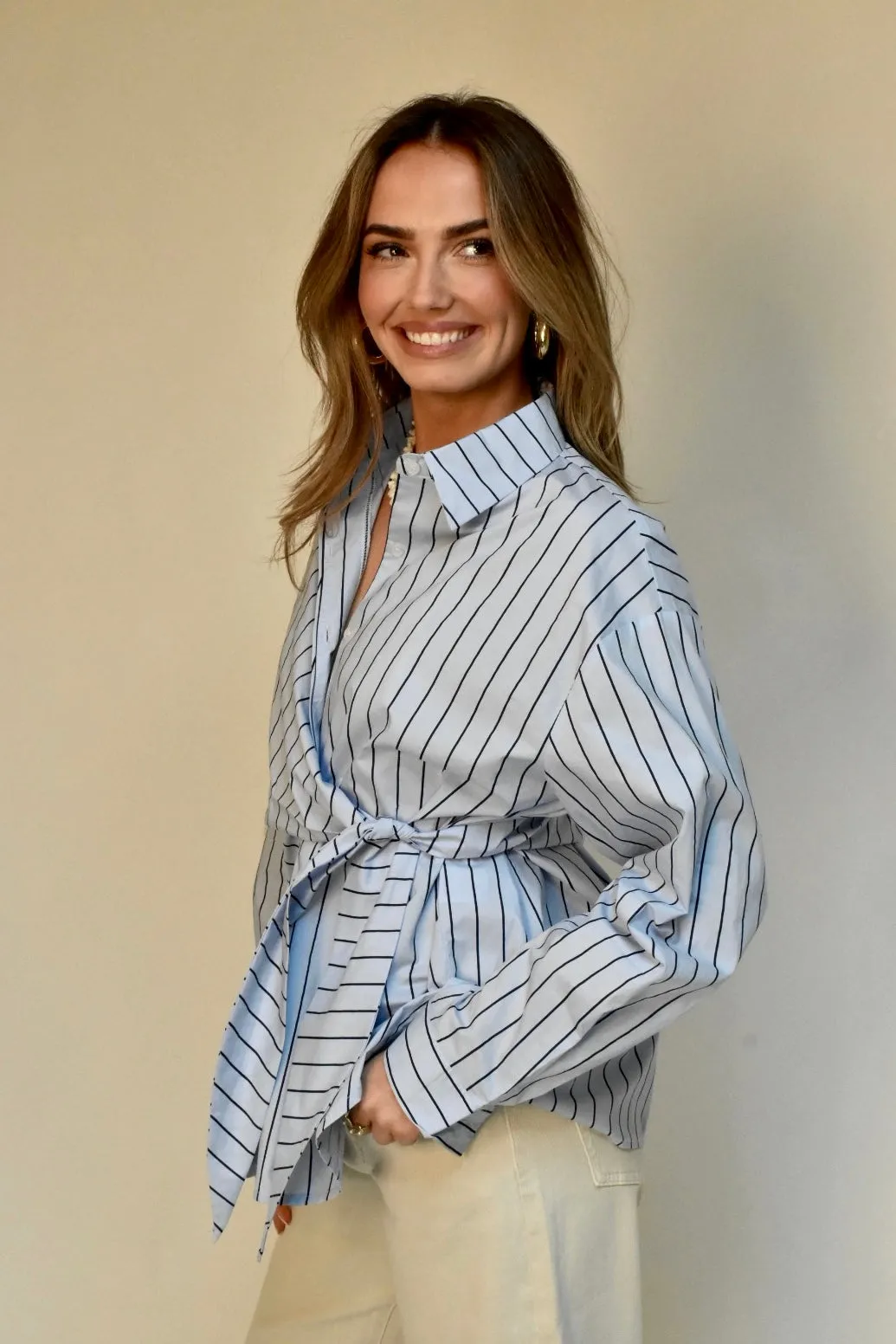 Gestreepte wrap blouse - Blauw