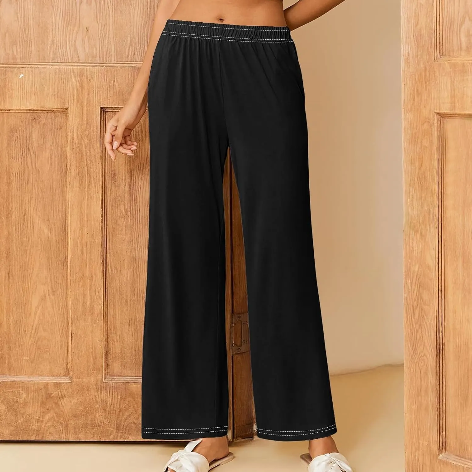 GIERIDUC Pajams Pants for Women Flowy Palazzo Pants Boho High Waist Wide Leg Trousers Summer Beach Lounge Outfits 2025