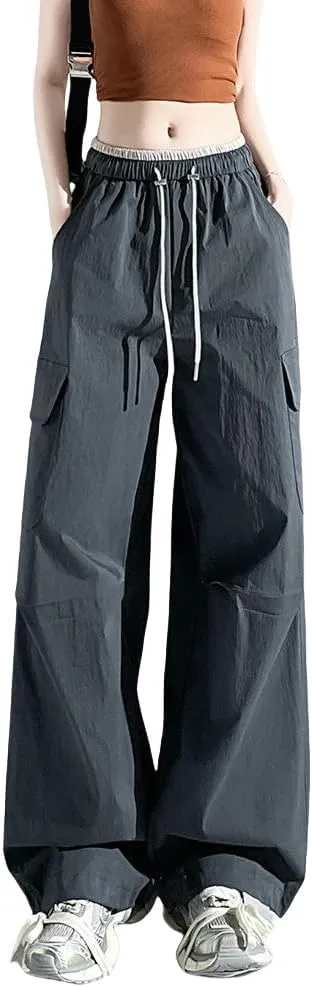 JYHBHMZG Women's Summer High Waist Slimming Drawstring Casual American Style Harem Wide Leg Sports Cargo Pants