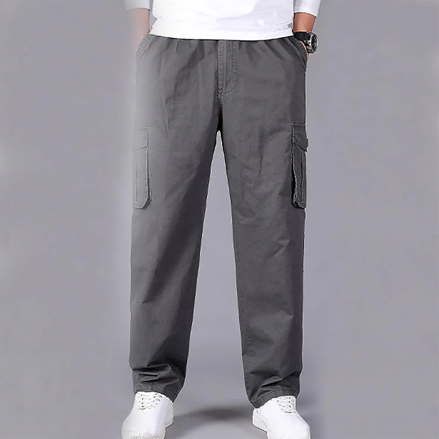 Muscularfit Plus Size Cargo Pants for Men Fashion Outdoor Cotton Multi Pockets Solid Straight Trouser Causal Loose Sweatpants