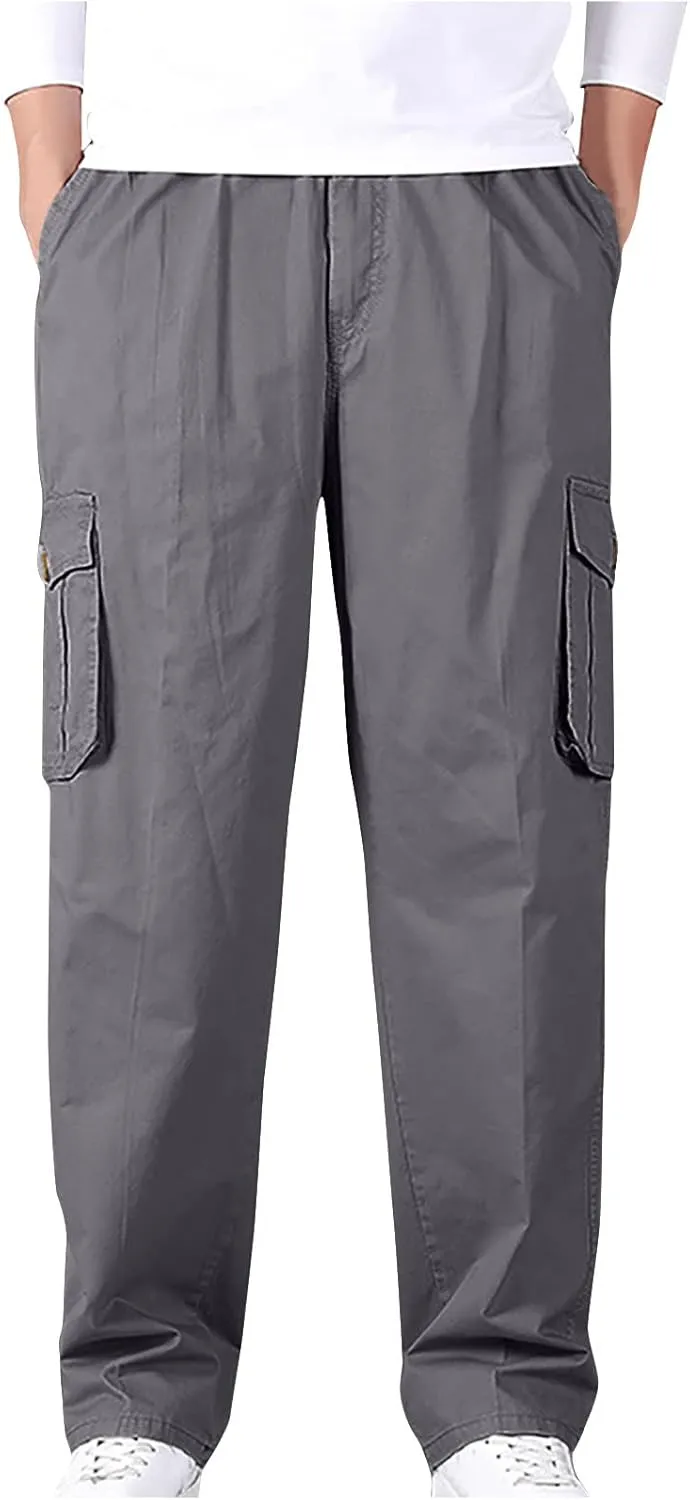 Muscularfit Plus Size Cargo Pants for Men Fashion Outdoor Cotton Multi Pockets Solid Straight Trouser Causal Loose Sweatpants