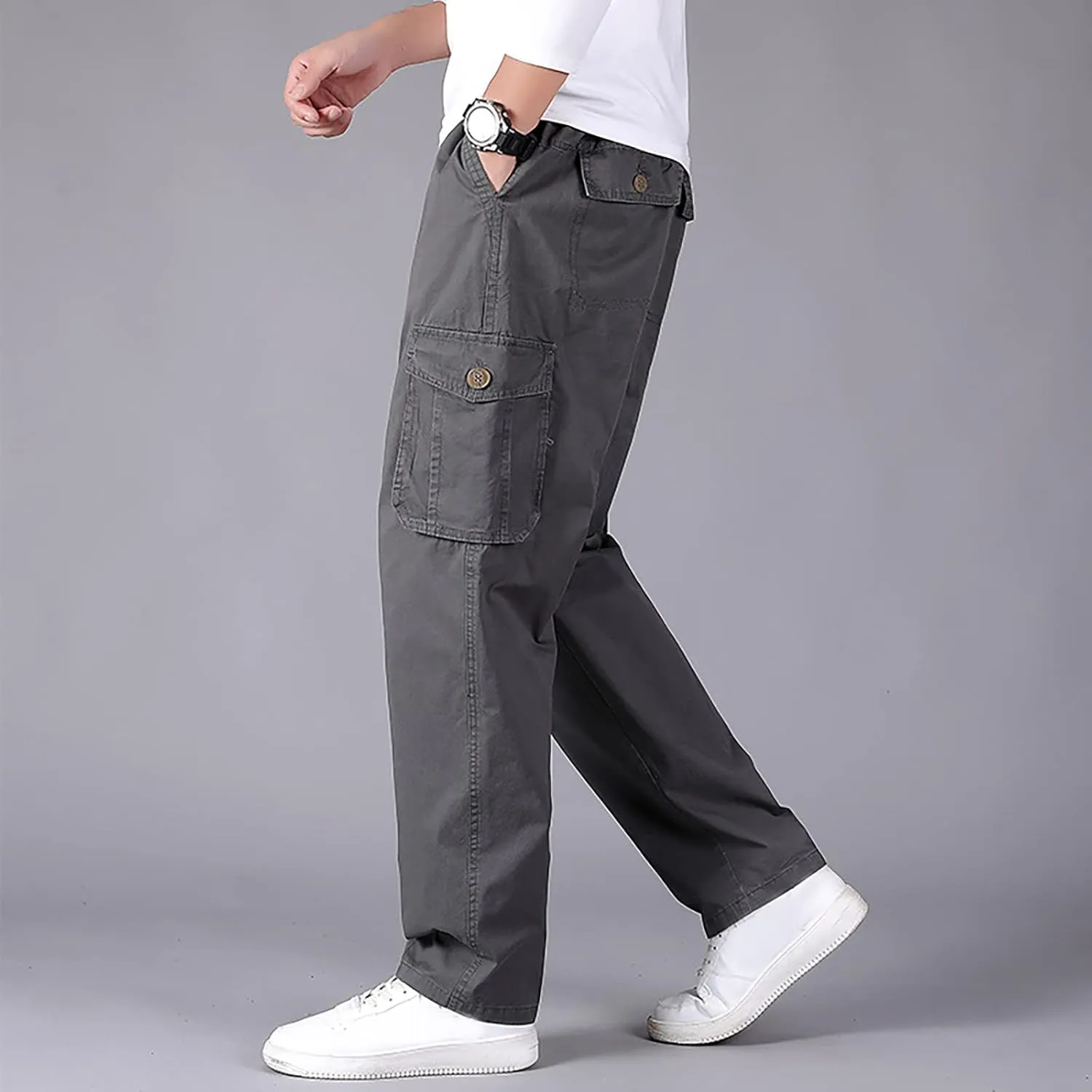 Muscularfit Plus Size Cargo Pants for Men Fashion Outdoor Cotton Multi Pockets Solid Straight Trouser Causal Loose Sweatpants