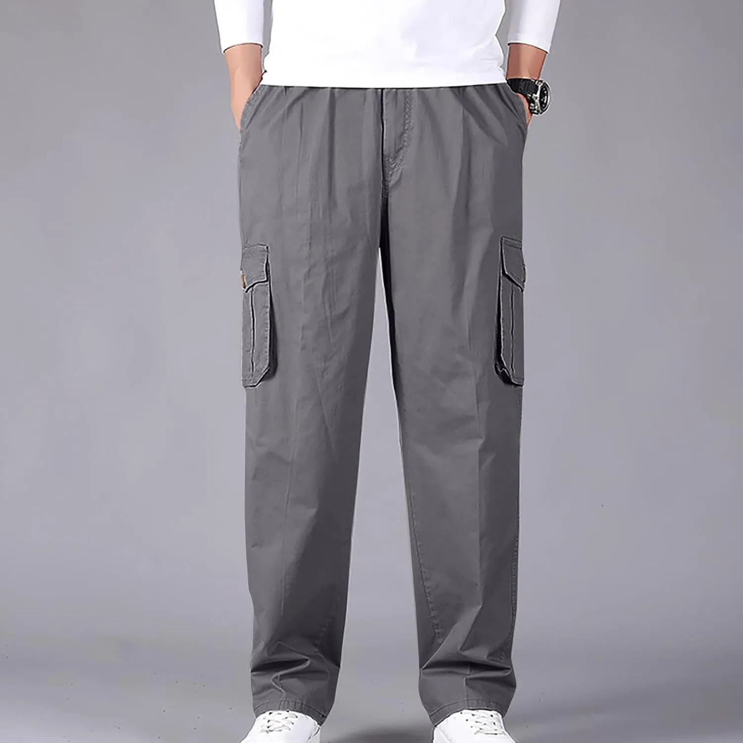 Muscularfit Plus Size Cargo Pants for Men Fashion Outdoor Cotton Multi Pockets Solid Straight Trouser Causal Loose Sweatpants