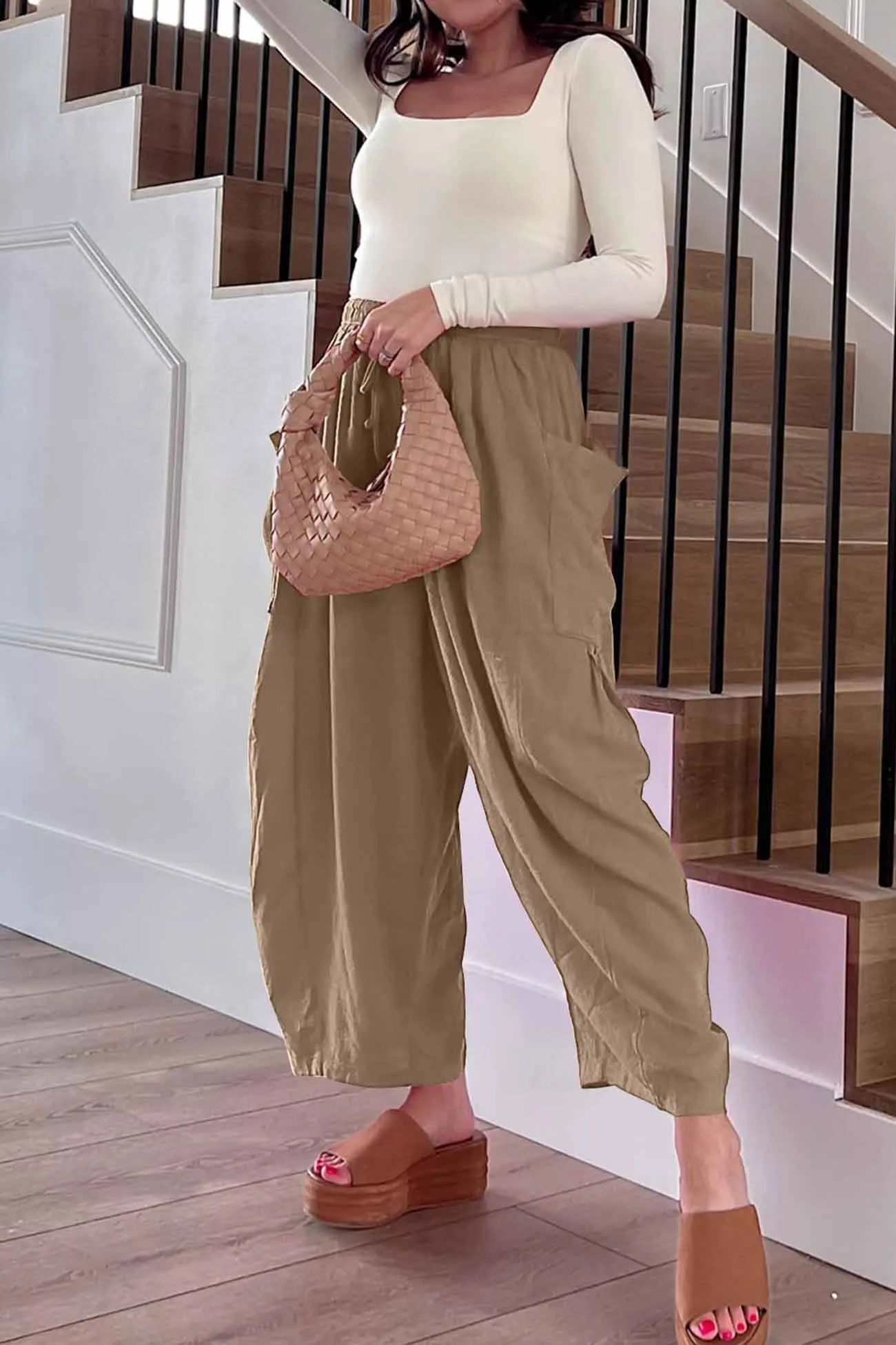 Solid Color Drawstring Pocket Wide Leg Pants