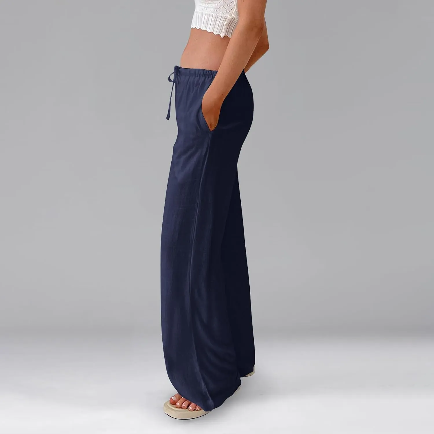 Summer Casual Pants for Women High Wasited Cotton Linen Palazzo Pants Loose Fit Drawstring Work Pants Long Trousers