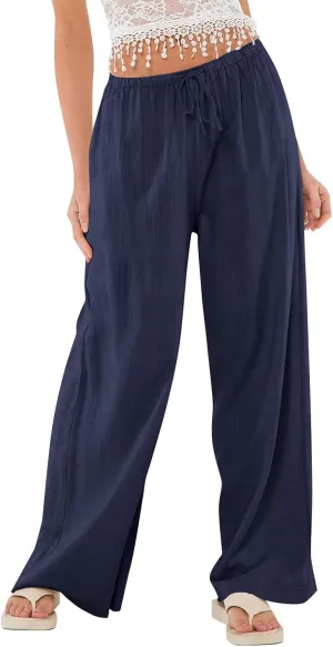 Summer Casual Pants for Women High Wasited Cotton Linen Palazzo Pants Loose Fit Drawstring Work Pants Long Trousers
