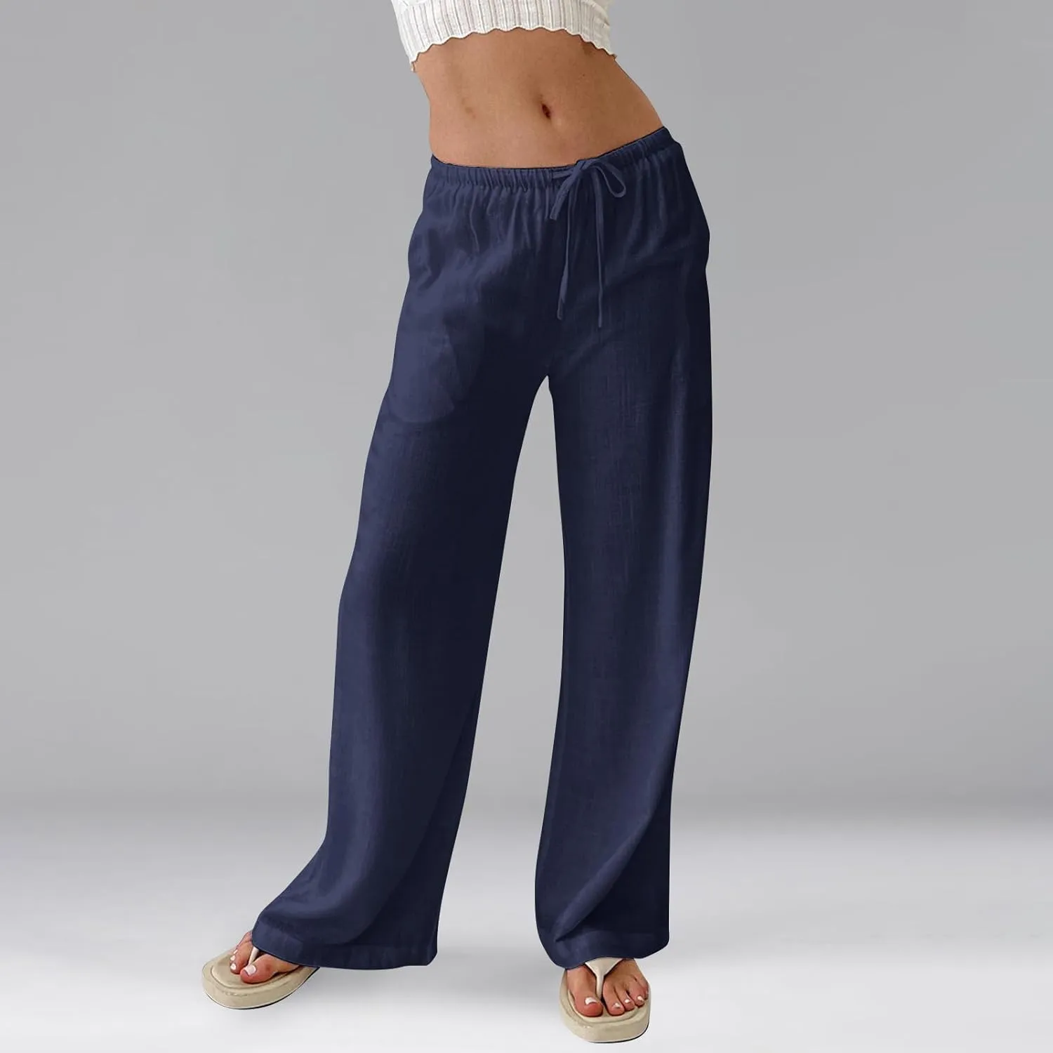 Summer Casual Pants for Women High Wasited Cotton Linen Palazzo Pants Loose Fit Drawstring Work Pants Long Trousers