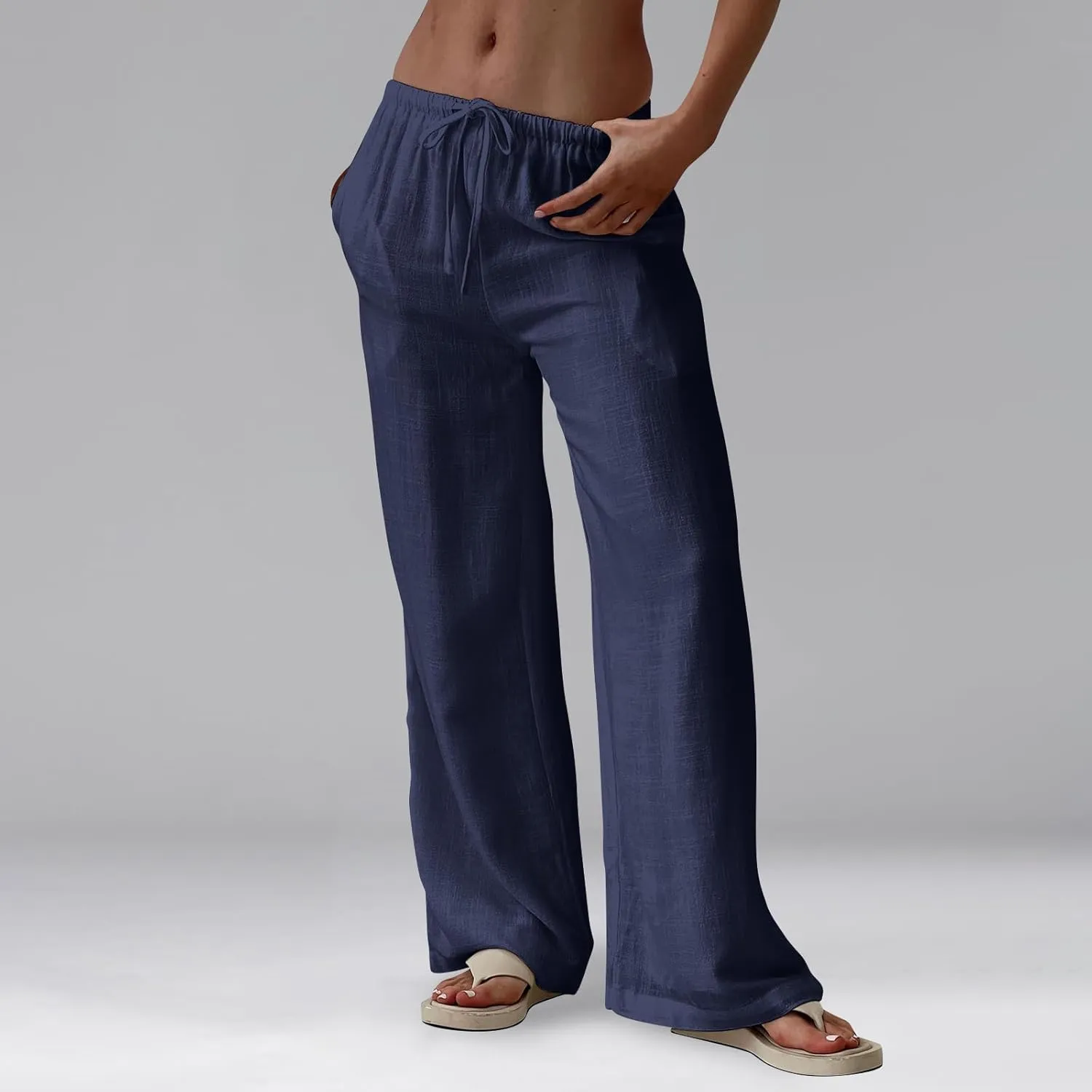 Summer Casual Pants for Women High Wasited Cotton Linen Palazzo Pants Loose Fit Drawstring Work Pants Long Trousers