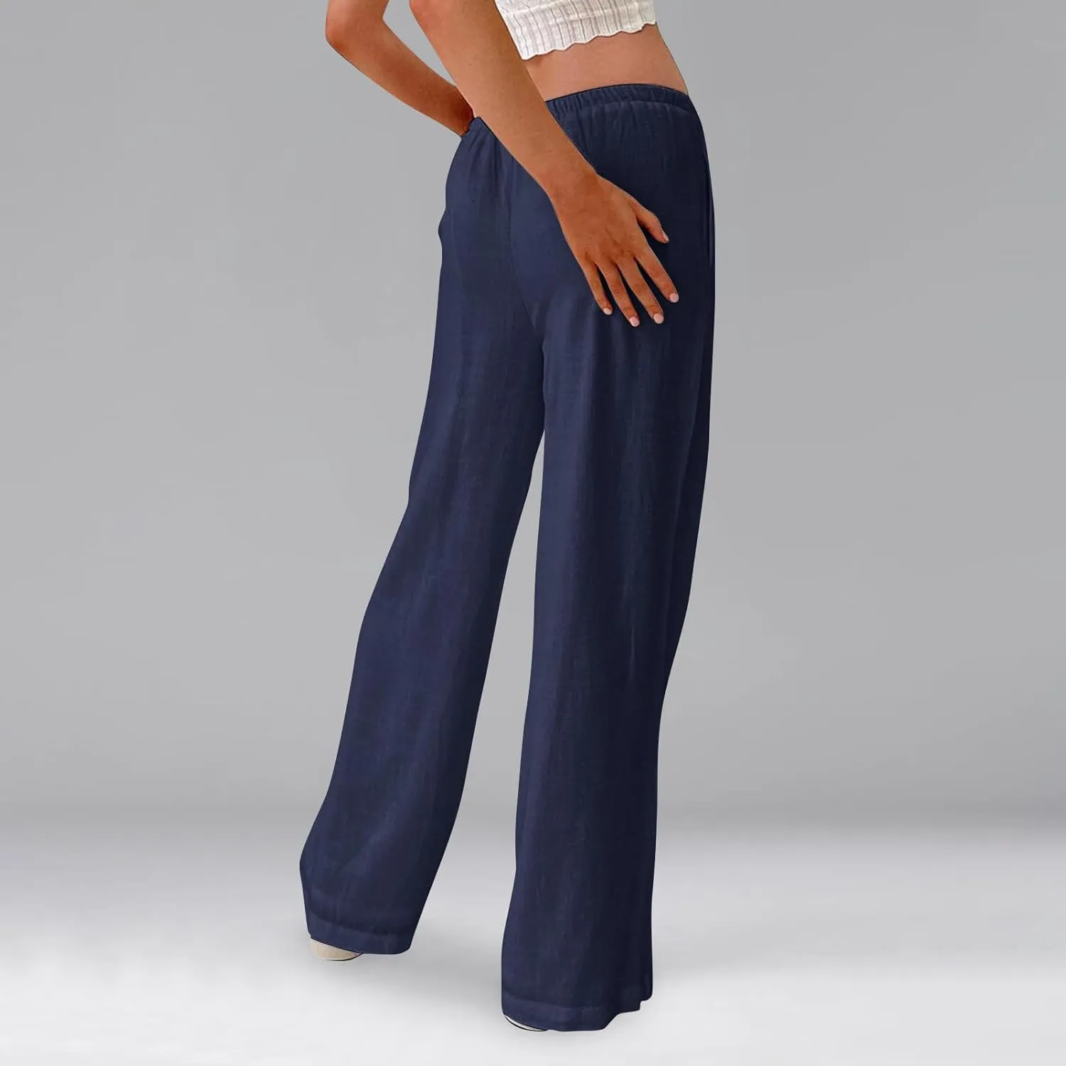 Summer Casual Pants for Women High Wasited Cotton Linen Palazzo Pants Loose Fit Drawstring Work Pants Long Trousers