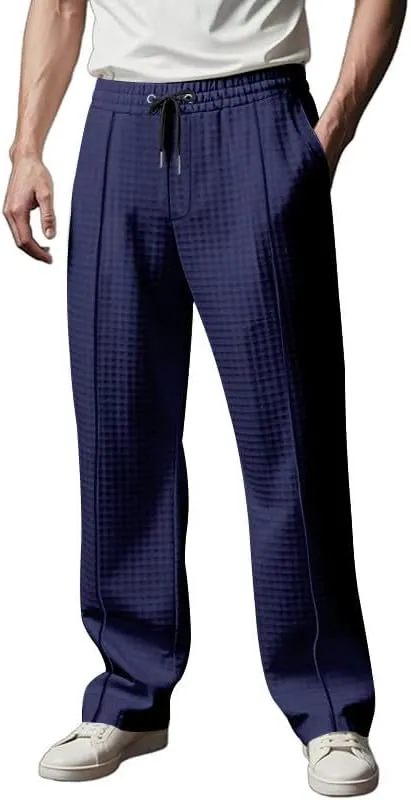 Waffle Pants for Men Plus Size Drawstring Elastic Waist Trousers with Pockets Summer Loose Lightweight Beach Pant