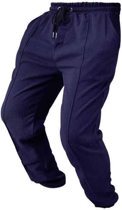 Waffle Pants for Men Plus Size Drawstring Elastic Waist Trousers with Pockets Summer Loose Lightweight Beach Pant
