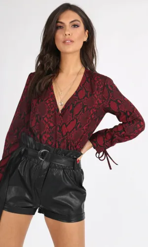 WINE SNAKESKIN WRAP BODYSUIT
