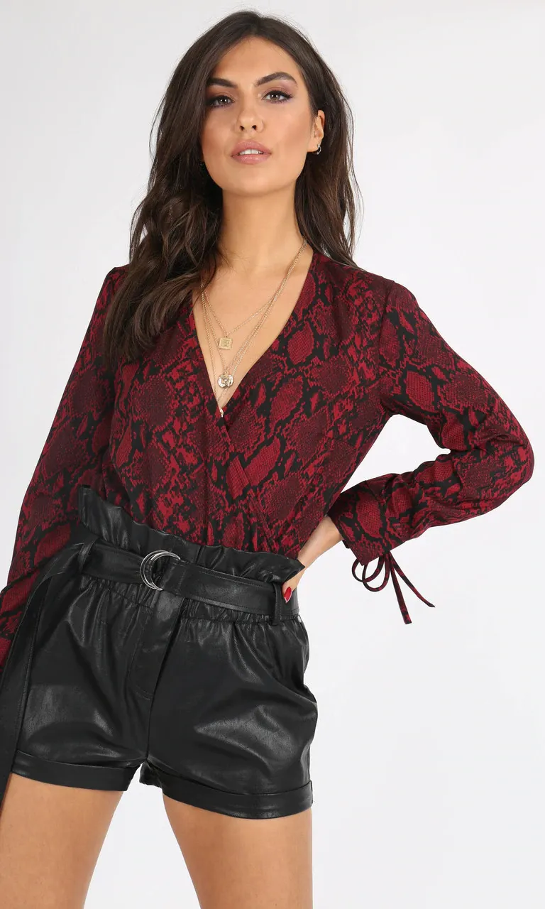 WINE SNAKESKIN WRAP BODYSUIT