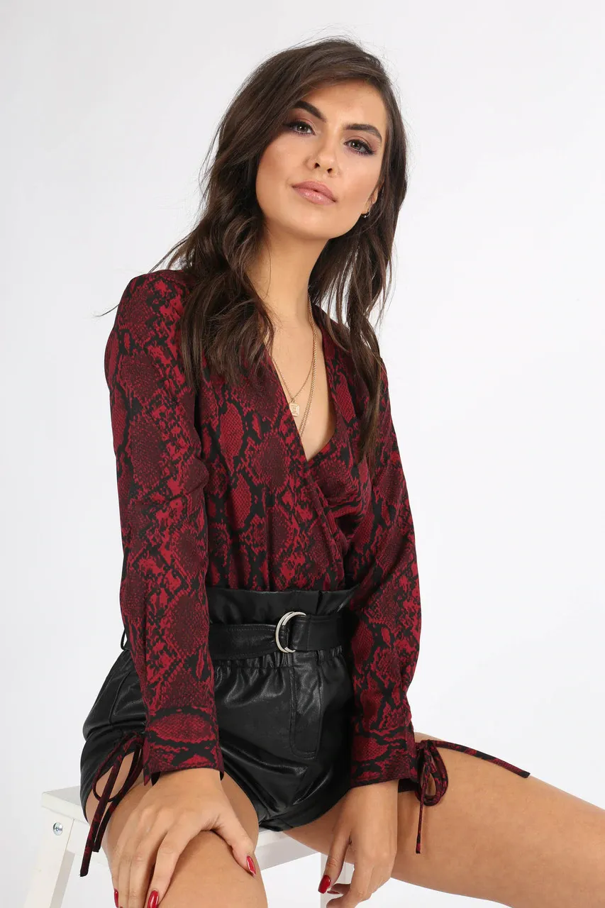 WINE SNAKESKIN WRAP BODYSUIT