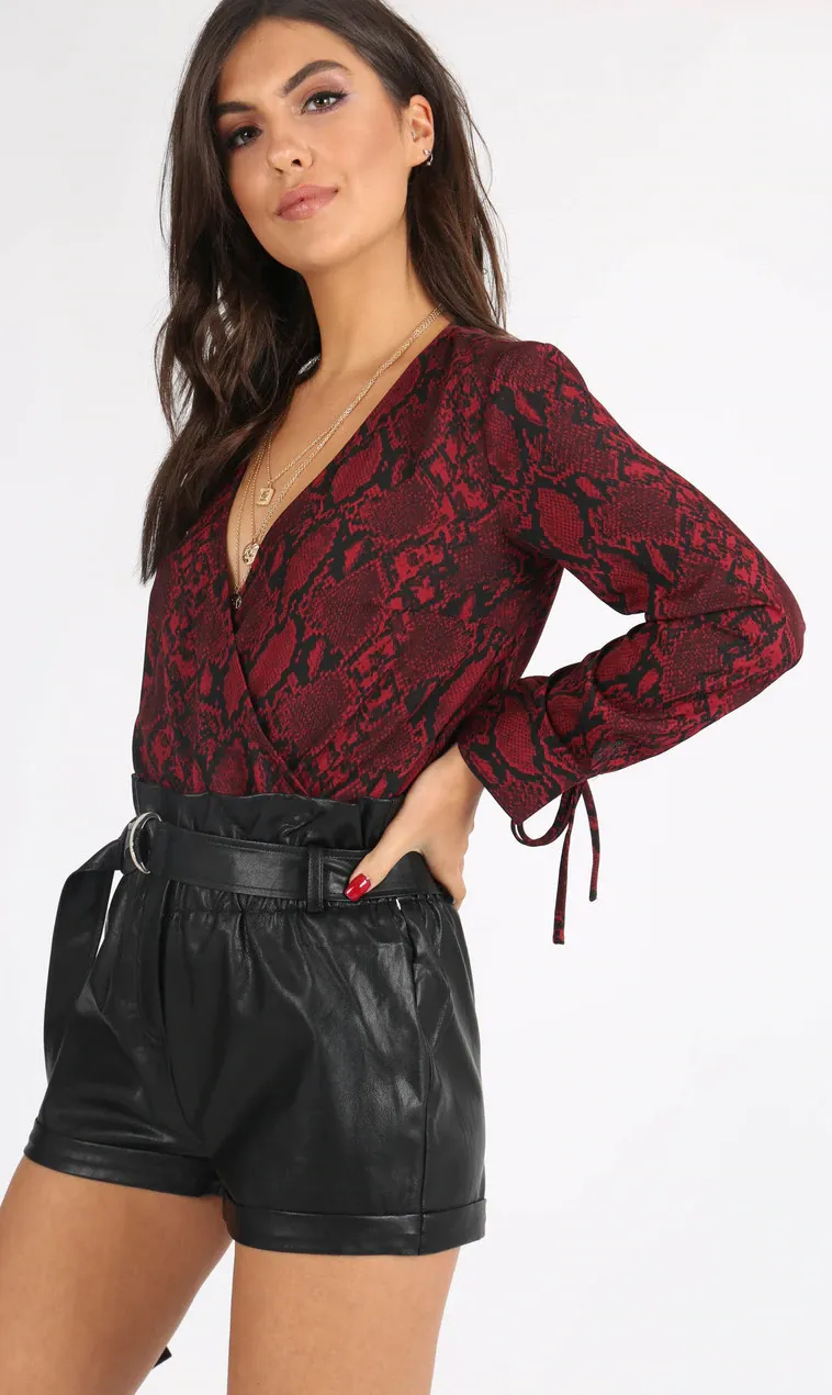 WINE SNAKESKIN WRAP BODYSUIT