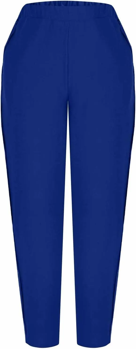 Women Casual Straight Leg Pants Fashion Side Button Cotton Linen Pant Elastic Waist Pocket Trousers Summer Outfits