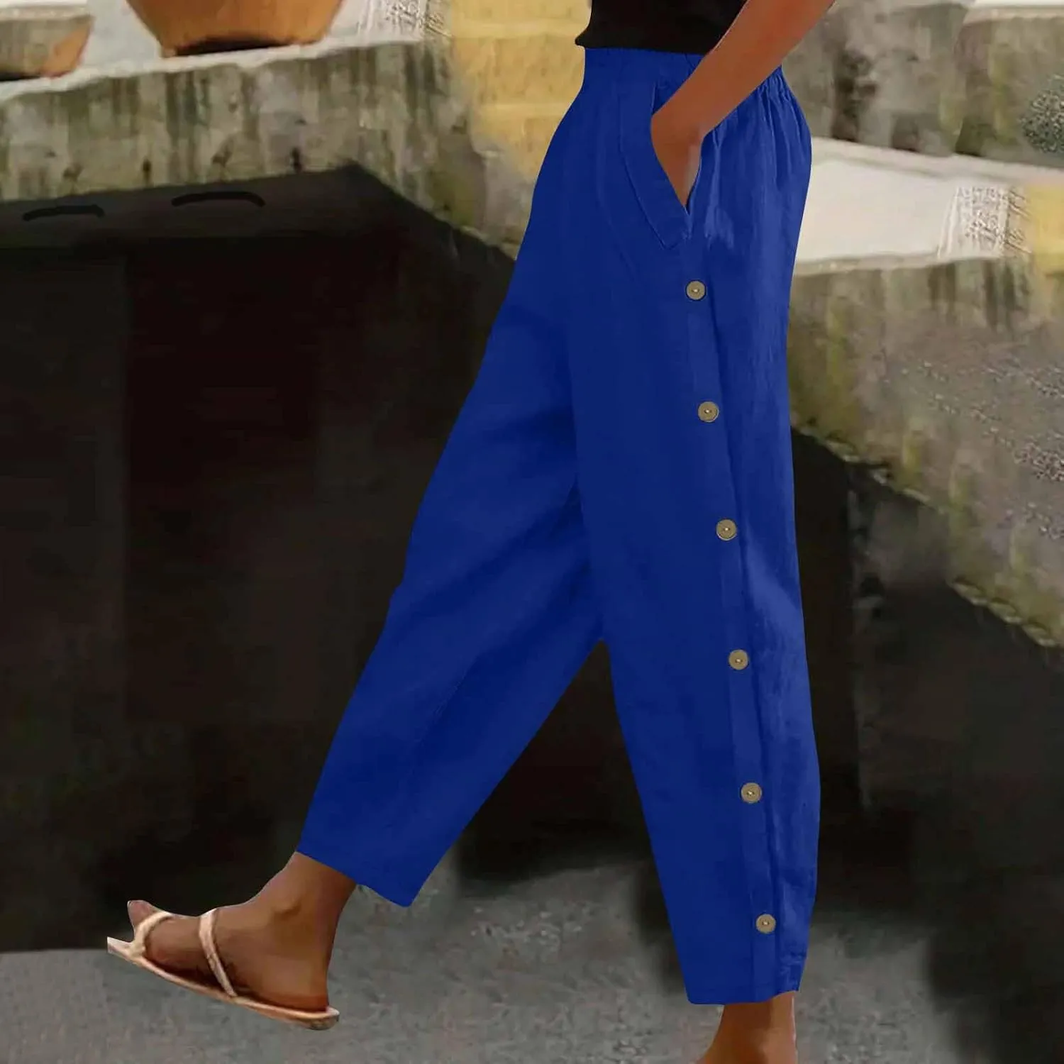 Women Casual Straight Leg Pants Fashion Side Button Cotton Linen Pant Elastic Waist Pocket Trousers Summer Outfits