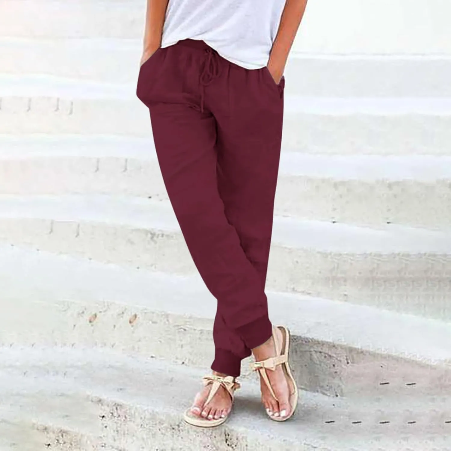 Women Linen Pants Drawstring Elastic Waist Summer Casual Beach Pants with Pockets Wide Leg Palazzo Trouser for Vacation