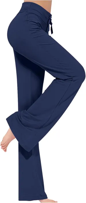 Women Plus Size Yoga Pants 2025 Casual Drawstring Elastic High Waist Wide Leg Workout Trousers Loose Palazzo Pants