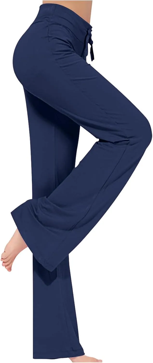 Women Plus Size Yoga Pants 2025 Casual Drawstring Elastic High Waist Wide Leg Workout Trousers Loose Palazzo Pants