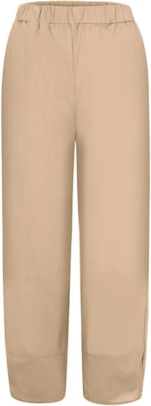 Women Summer Casual Capris Linen Cotton Pants Brethable Wide Leg Elastic Waist Baggy Palazzo Cropped Trousers with Pockets