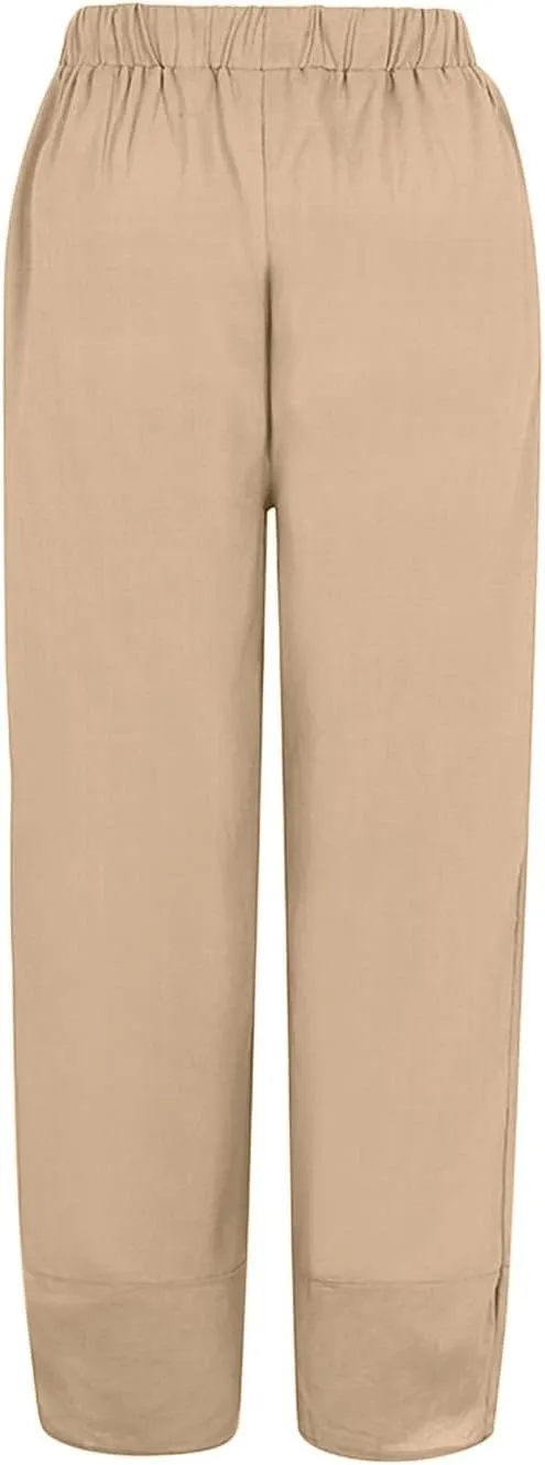 Women Summer Casual Capris Linen Cotton Pants Brethable Wide Leg Elastic Waist Baggy Palazzo Cropped Trousers with Pockets