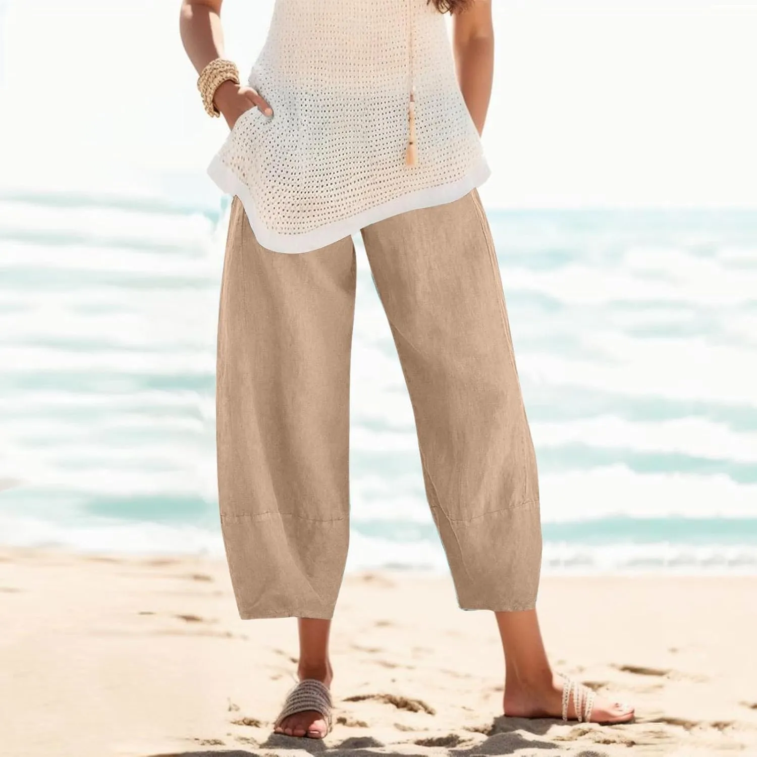 Women Summer Casual Capris Linen Cotton Pants Brethable Wide Leg Elastic Waist Baggy Palazzo Cropped Trousers with Pockets