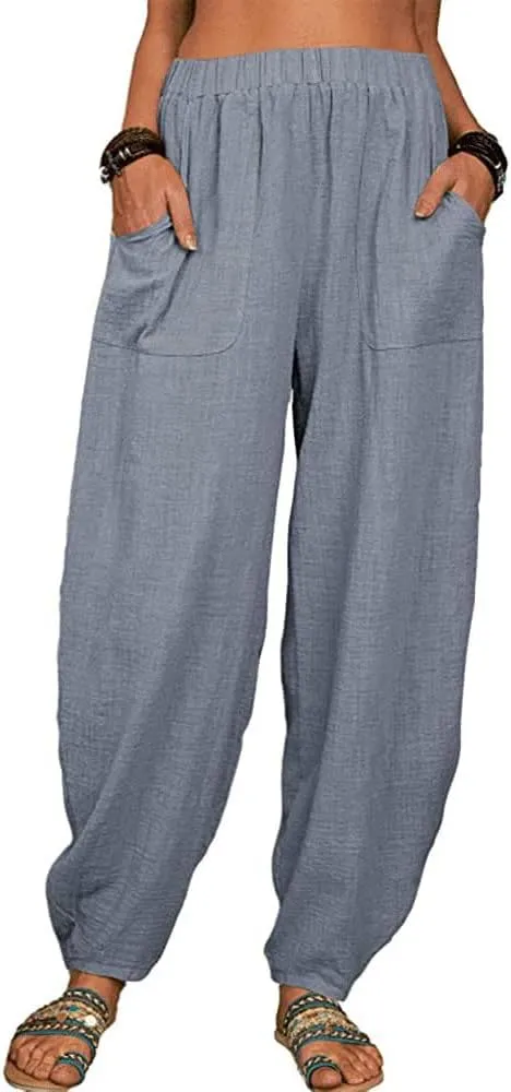 Women's Casual Lantern Tapered Harem Linen Pants Loose Fit Style Ankle Trousers Summer Baggy Slacks with Pocket