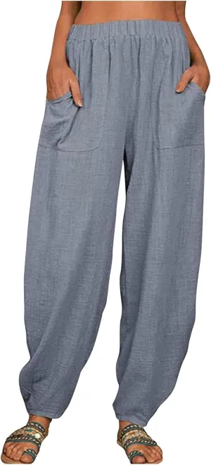 Women's Casual Lantern Tapered Harem Linen Pants Loose Fit Style Ankle Trousers Summer Baggy Slacks with Pocket