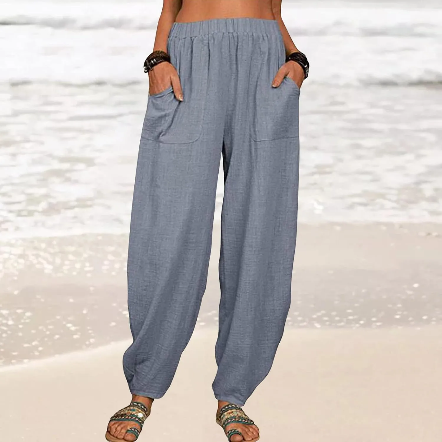 Women's Casual Lantern Tapered Harem Linen Pants Loose Fit Style Ankle Trousers Summer Baggy Slacks with Pocket