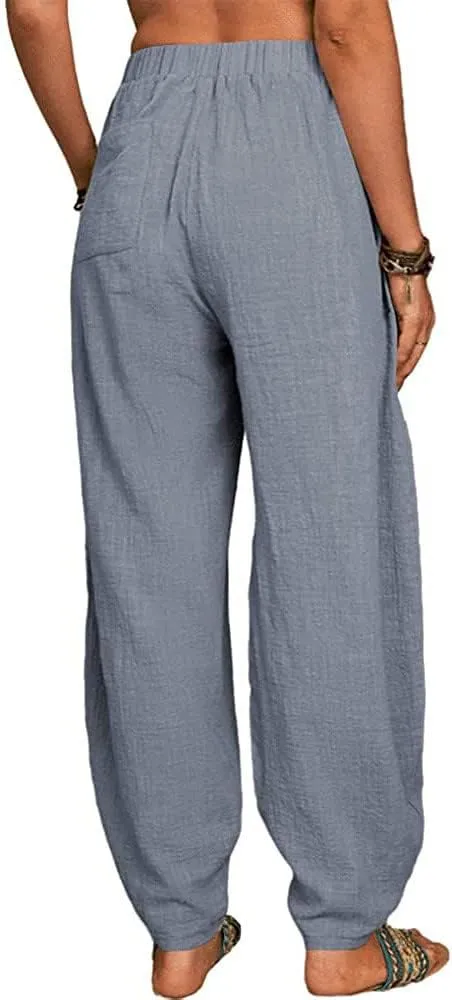 Women's Casual Lantern Tapered Harem Linen Pants Loose Fit Style Ankle Trousers Summer Baggy Slacks with Pocket