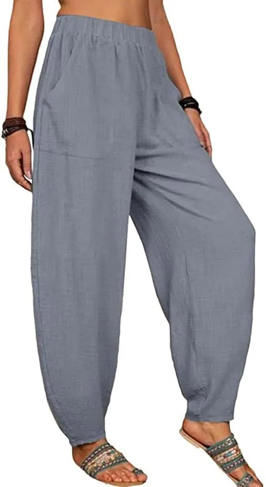 Women's Casual Lantern Tapered Harem Linen Pants Loose Fit Style Ankle Trousers Summer Baggy Slacks with Pocket