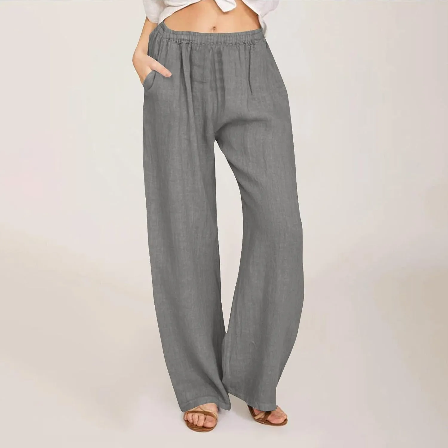 Womens Cotton Linen Wide Leg Palazzo Pants Loose Casual High Waisted Slacks Lightweight Summer Trousers with Pockets