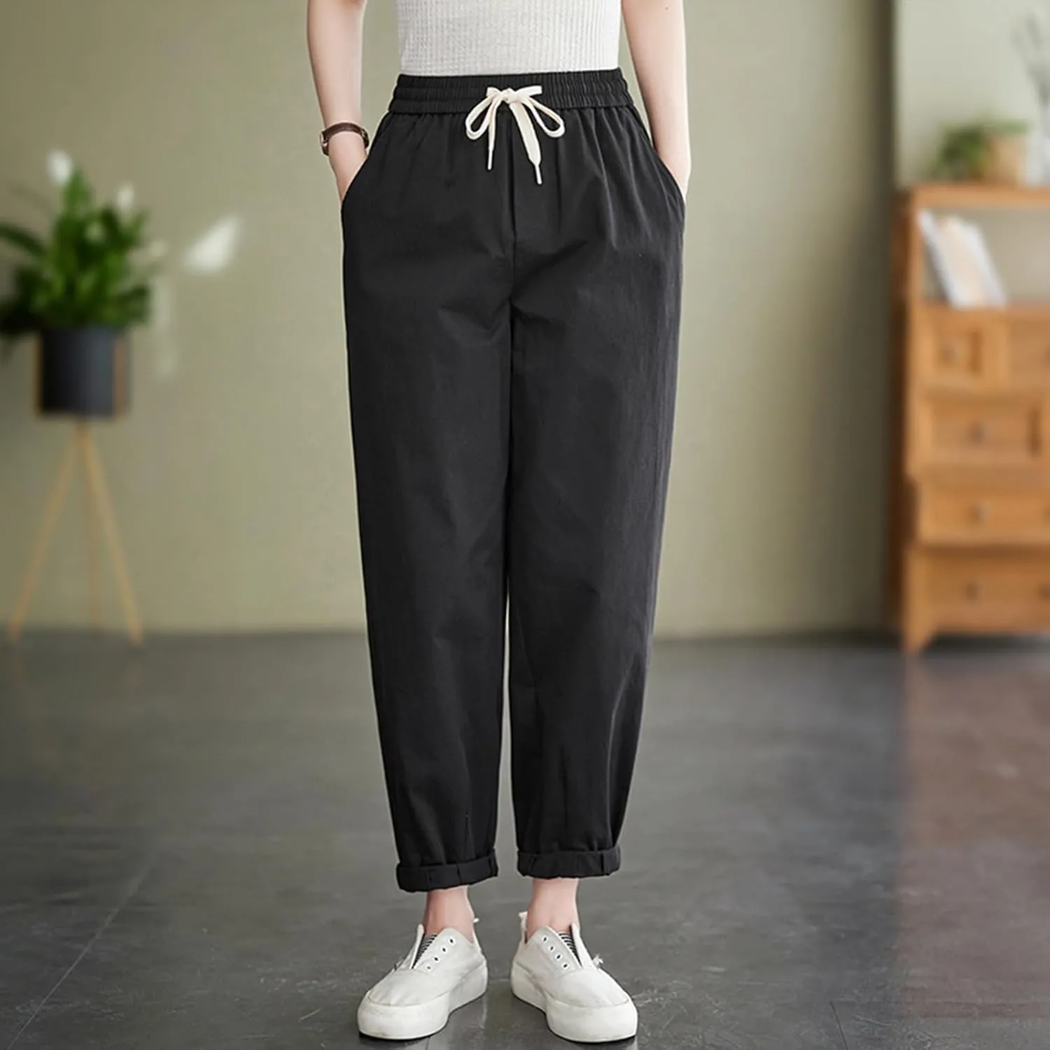 Womens Trendy Linen Pants 2025 Summer Elastic High Waist Pants Lightweight Casual Drawstring Beach Lounge Trousers